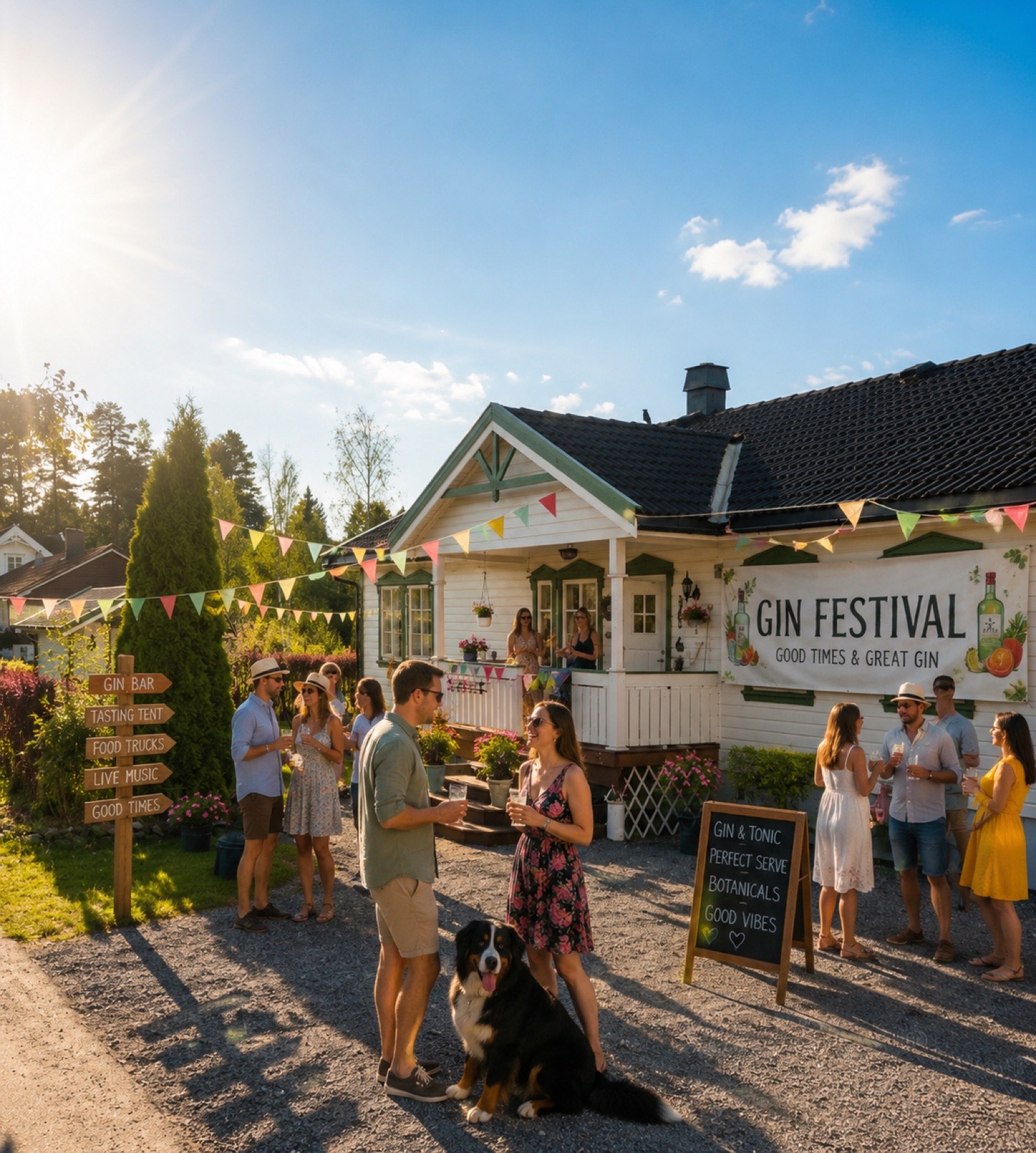 Gjester samlet i hagen på Jensrudveien 5 i solnedgang, med vimpelgirlandere, en gin-bar-skilt og bernersennenhunden Atlas
